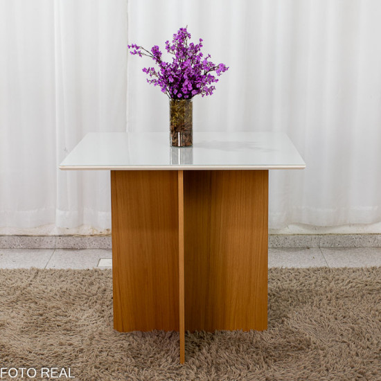 Mesa de Jantar Helo 90x90 Vidro Off Base Freij� Poliman + 4 Cadeiras G�nova Veludo Bege 512 Art Assento - Entregue Montada