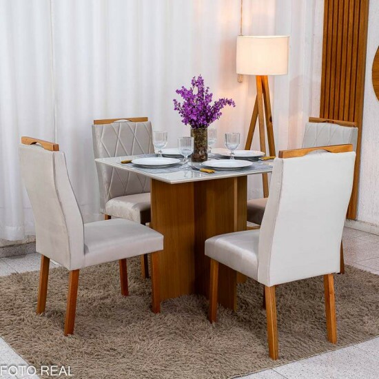Mesa de Jantar Helo 90�90 Vidro Off/Base Freij� Poliman + 4 Cad. Lisboa Veludo Bege 512 Madeira - Art Assento