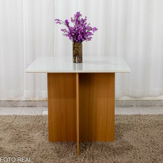 Mesa de Jantar Helo 90�90 Vidro Off/Base Freij� Poliman + 4 Cad. Lisboa Veludo Bege 512 Madeira - Art Assento