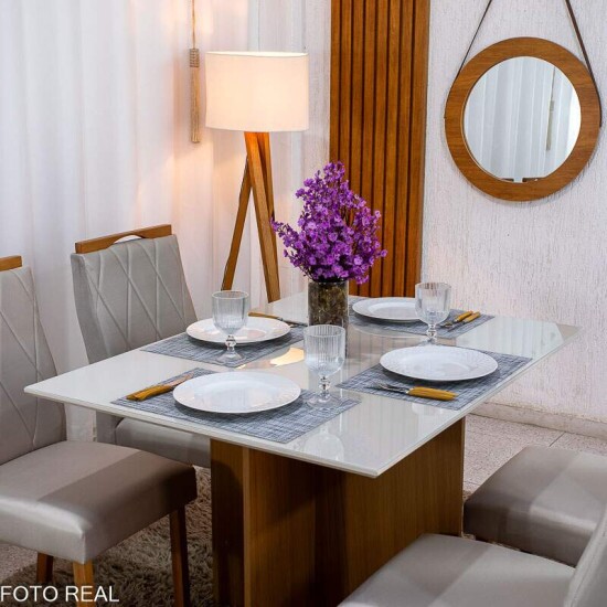Mesa de Jantar Helo 120�90 Vidro Off/Base Freij� Poliman + 4 Cad. Lisboa Veludo Bege 512 Madeira - Art Assento