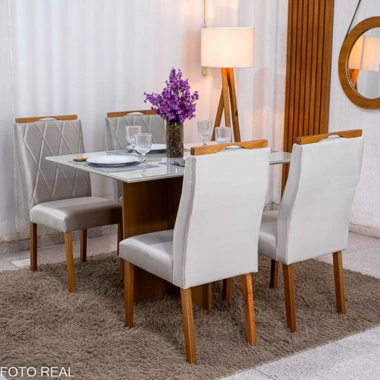 Mesa de Jantar Helo 120�90 Vidro Off/Base Freij� Poliman + 4 Cad. Lisboa Veludo Bege 512 Madeira - Art Assento