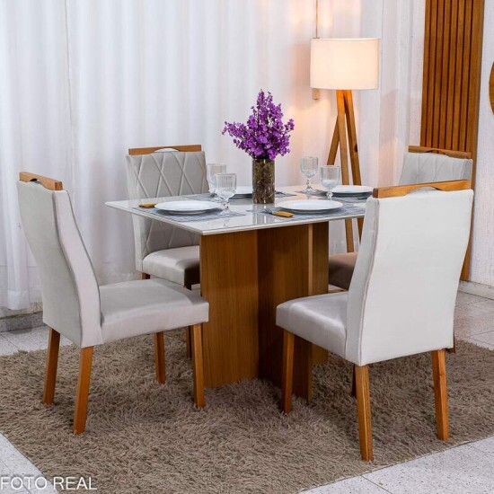 Mesa de Jantar Helo 120�90 Vidro Off/Base Freij� Poliman + 4 Cad. Lisboa Veludo Bege 512 Madeira - Art Assento