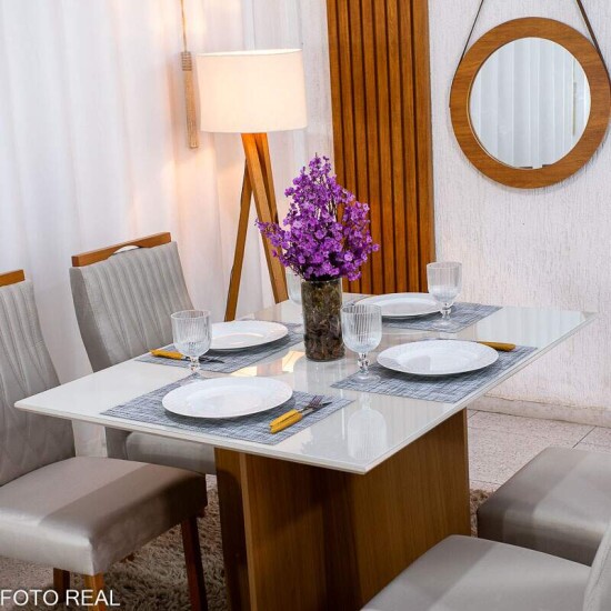 Mesa de Jantar Helo 120�90 Vidro Off/Base Mel Poliman + 4 Cad. G�nova Veludo Bege 512 Madeira - Art Assento