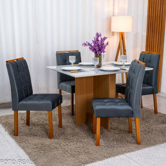 Mesa de Jantar Helo 120x90 Vidro Off Base Mel Poliman + 4 Cadeiras Londres Veludo Chumbo Minas Plac - Entregue Montada