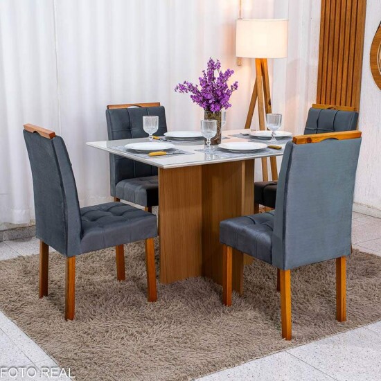 Mesa de Jantar Helo 120x90 Vidro Off Base Mel Poliman + 4 Cadeiras Londres Veludo Chumbo Minas Plac - Entregue Montada