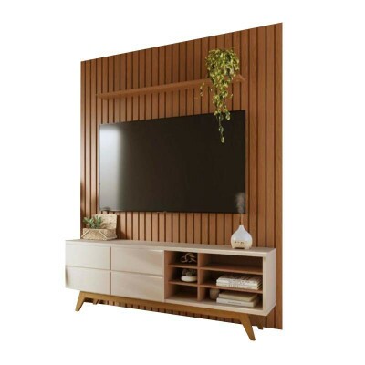 Painel Ripado Ni�gara Larg. 1.95m Freij� + Bancada Noronha Larg. 1.80m Off/Freij� | para TV at� 82