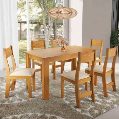 Mesa de Jantar Fucsia Mel 136�75 com 6 Cadeiras Brisa Assento Veludo Marfim - Viero