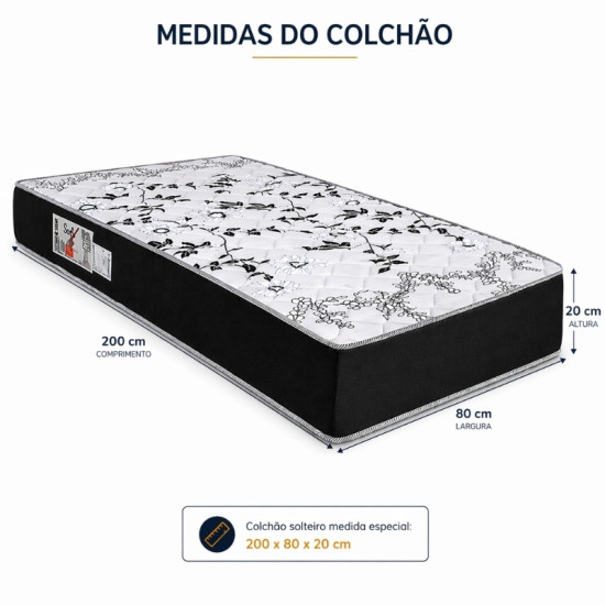 Colch�o Solteiro Sant� Alt 20 D33 + Box Solteiro Sued Preto 80x200x57 N. Sonho | Suporta at� 130kg - Medida Especial para pessoas altas