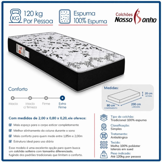 Colch�o Solteiro Sant� Alt 20 D33 + Box Solteiro Sued Preto 80x200x57 N. Sonho | Suporta at� 130kg - Medida Especial para pessoas altas