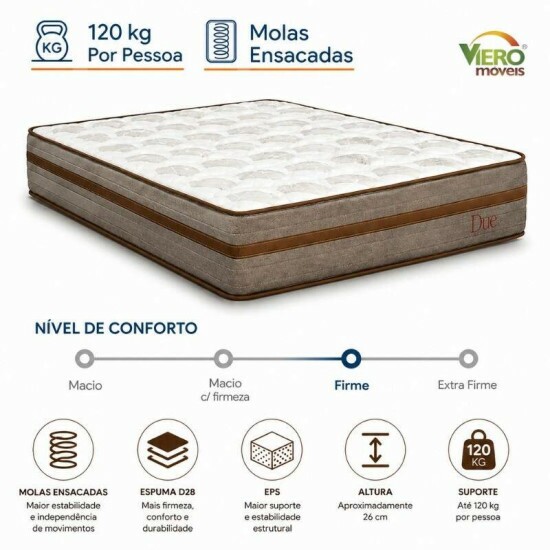 Colch�o Casal Due 138x188x26 Molas Ensacadas - Viero | Suporta at� 240kg