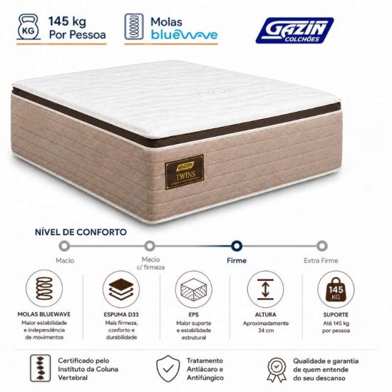 Colch�o Queen Twins 158x198x34 Molas BlueWave - Gazin | Suporta at� 290kg