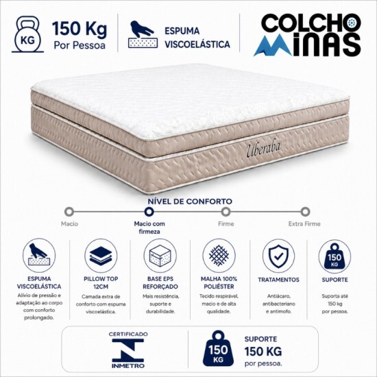 Colch�o Queen Uberaba Espuma Viscoel�stica ColchoMinas + Base Box Queen Bipartido Universal Marrom Bordado - Gazin 158x198x70 | Suporta at� 300kg