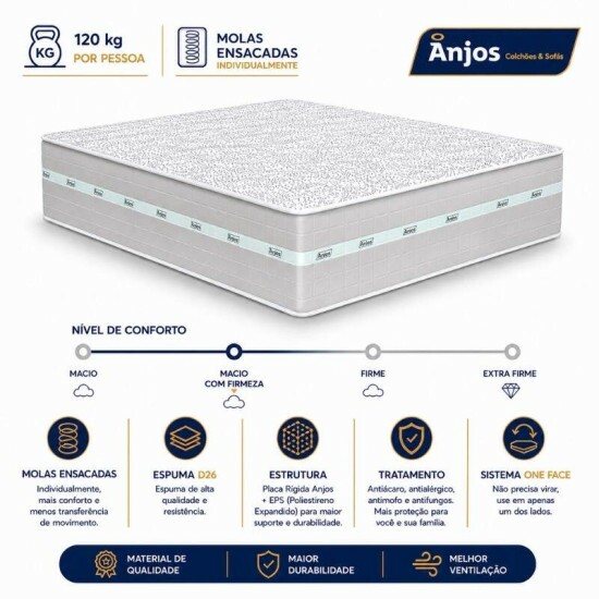 Colch�o Casal Carbon Molas Ensacadas 138x188x32 - Anjos | Suporta at� 240kg