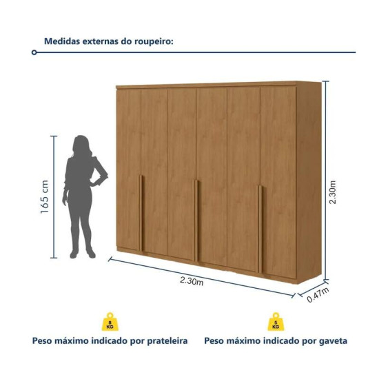 Guarda-roupa Casal 2,30m Alonzo Am�ndoa 6 Portas 4 Gavetas 100% MDF - Lopas
