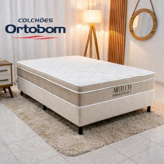 Colch�o Casal Airtech Springpocket Molas Ensacadas - Ortobom + Box Casal Universal Sued Bege - Gazin 138x188x65 | Suporta at� 240kg