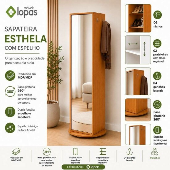 Sapateira Esthela Am�ndoa C/Base Girat�ria e Espelho Larg. 0.60m - M�veis Lopas
