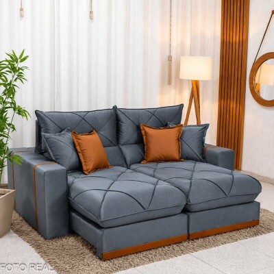 Sof� Retr�til Reclin�vel Gran Bello 2,00m Veludo Cinza - Molas Ensacadas