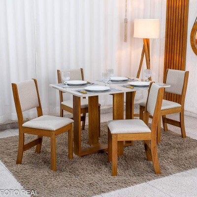 Mesa de Jantar Noor Mel 120�80 Tampo Off + 4 Cad. Sol Linho Bronze Assento Bege - Viero