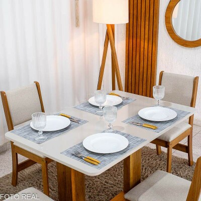 Mesa de Jantar Noor Mel 120�80 Tampo Off + 4 Cad. Sol Linho Bronze Assento Bege - Viero