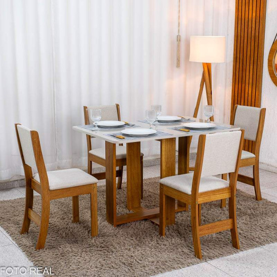 Mesa de Jantar Noor Mel 120x80 Tampo Off + 4 Cadeiras Sol Linho Bronze Bege - Viero