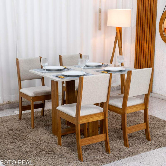 Mesa de Jantar Noor Mel 120x80 Tampo Off + 4 Cadeiras Sol Linho Bronze Bege - Viero