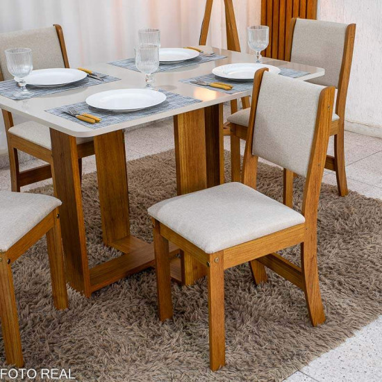 Mesa de Jantar Noor Mel 120x80 Tampo Off + 4 Cadeiras Sol Linho Bronze Bege - Viero