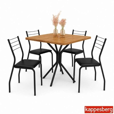 Conjunto Mesa Creta tampo Quadrado 90x90 Canela de Madeira + Base Creta Preto fosco + 4 Cad. Malta Preto Fosco Assento Courino Preto - Kappesberg