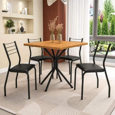 Conjunto Mesa Creta tampo Quadrado 90x90 Canela de Madeira + Base Creta Preto fosco + 4 Cad. Malta Preto Fosco Assento Courino Preto - Kappesberg