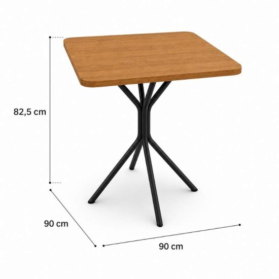 Conjunto Mesa Creta tampo Quadrado 90x90 Canela de Madeira + Base Creta Preto fosco + 4 Cad. Malta Preto Fosco Assento Courino Preto - Kappesberg