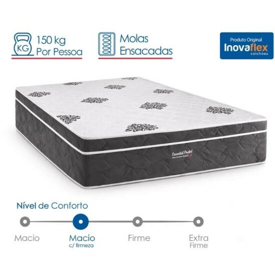 Colch�o Casal Essential Molas Ensacadas Pocket - Inovaflex + Box Ba� Casal Prime Confort Linh�o Petr�leo Blindado - Issacar 138x188x75 | Suporta at� 250kg