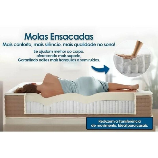 Colch�o Casal Essential Molas Ensacadas Pocket - Inovaflex + Box Ba� Casal Prime Confort Linh�o Petr�leo Blindado - Issacar 138x188x75 | Suporta at� 250kg