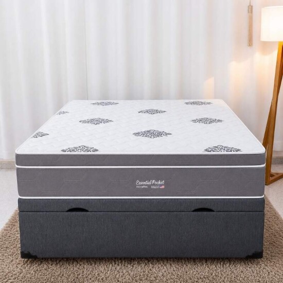Colch�o Casal Essential Molas Ensacadas Pocket - Inovaflex + Box Ba� Casal Prime Confort Linh�o Petr�leo Blindado - Issacar 138x188x75 | Suporta at� 250kg