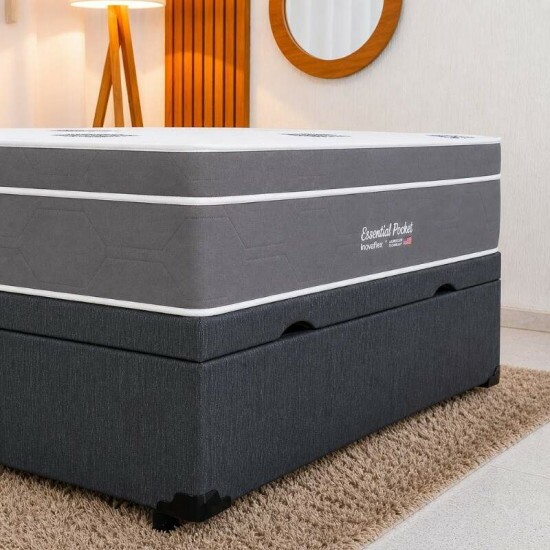 Colch�o Casal Essential Molas Ensacadas Pocket - Inovaflex + Box Ba� Casal Prime Confort Linh�o Petr�leo Blindado - Issacar 138x188x75 | Suporta at� 250kg