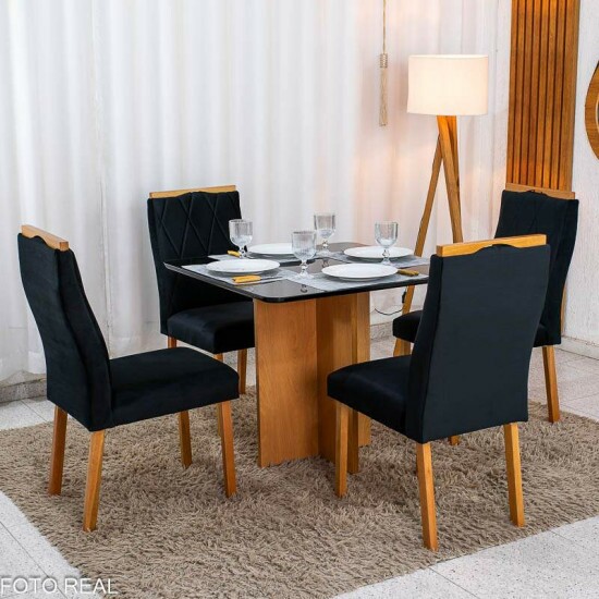 Mesa de Jantar Moscou 90x90 Vidro Preto/Base Cinamomo - Minas Plac + 4 Cad. Lisboa Veludo Preto 504 Madeira Art Assento - Entregue Montada