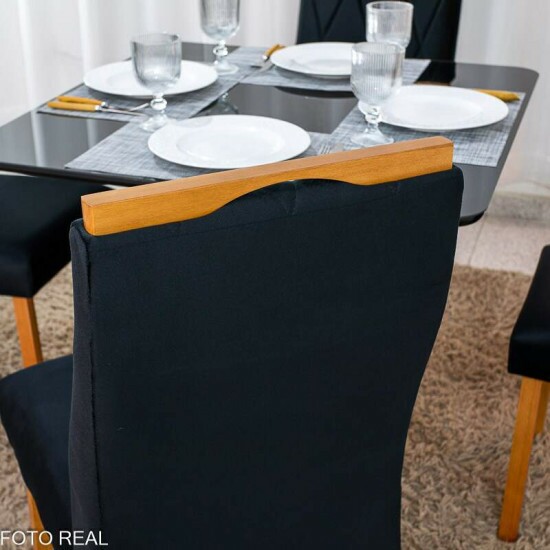 Mesa de Jantar Moscou 90x90 Vidro Preto/Base Cinamomo - Minas Plac + 4 Cad. Lisboa Veludo Preto 504 Madeira Art Assento - Entregue Montada