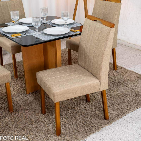 Mesa de Jantar Moscou 90x90 Vidro Preto Base Cinamomo Minas Plac + 4 Cadeiras Isabela Linho Bege 01 KM Decor - Entregue Montada