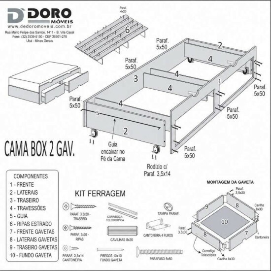 Cama Solteiro Mil�nio + Cama Auxiliar Solteiro 2 Gavetas Castanho - D Doro