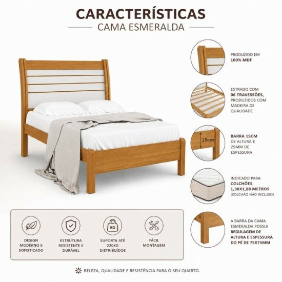 Cama Casal Esmeralda Plus Cinamomo/Off 1,50m 100% MDF - D Doro