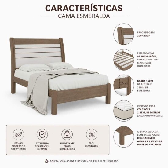 Cama Casal Esmeralda Plus Larg. 1.50m Castanho/Off - D Doro