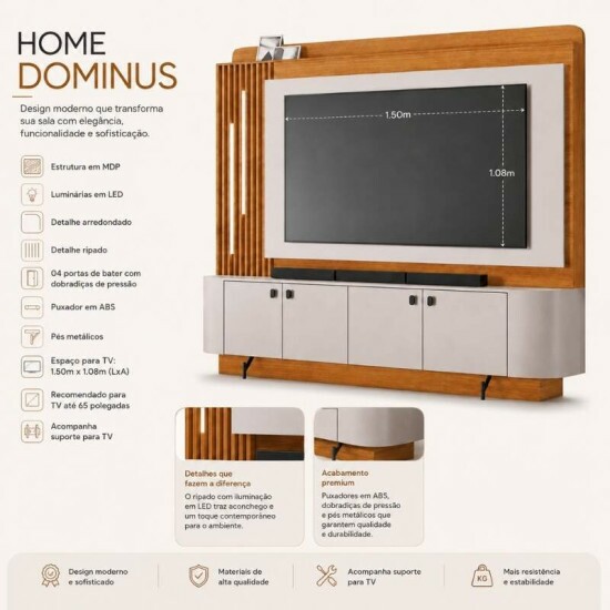 Home Dominus Candian 1.82m Cinamomo/Off White C/Detalhe Ripado e LED para TV at� 65\\\'\\\'- JCM