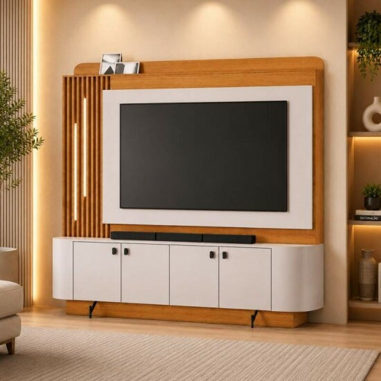 Home Dominus Candian 1.82m Cinamomo/Off White C/Detalhe Ripado e LED para TV at� 65\\\'\\\'- JCM