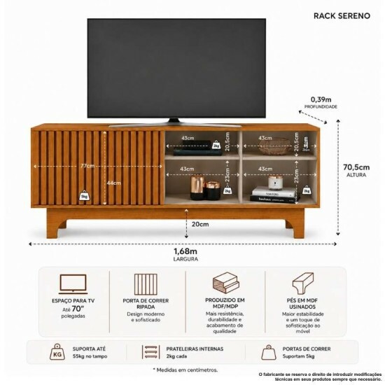 Rack Sereno 1.68m Cinamomo/Off C/Porta Ripada para TV at� 70\\\" - JCM