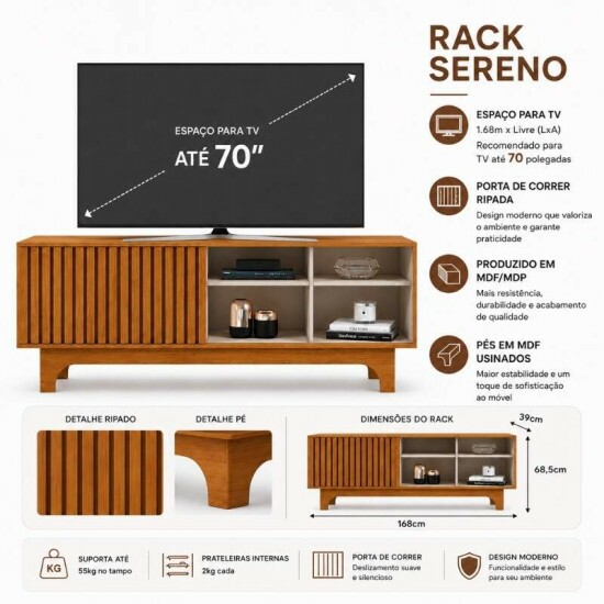 Rack Sereno 1.68m Cinamomo/Off C/Porta Ripada para TV at� 70\\\" - JCM