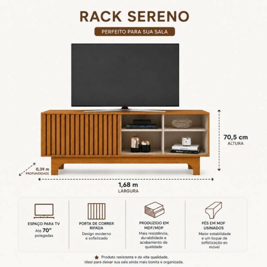 Rack Sereno 1.68m Cinamomo/Off C/Porta Ripada para TV at� 70\\\" - JCM