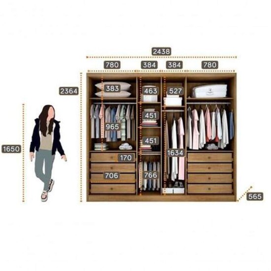 Guarda-roupa Rizon New Cumaru/Fendi Larg. 2.43m 6 Portas 8 Gavetas - Novo Horizonte