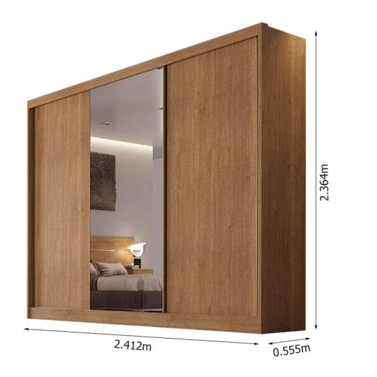 Guarda-roupa Casal 2,41m Diamond Plus Cumaru 3 Portas 8 Gavetas 100% MDF com 1 Espelho - Novo Horizonte