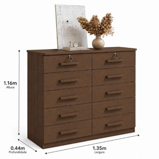 C�moda 1,35m Ryad Castanho 10 Gavetas - D Doro