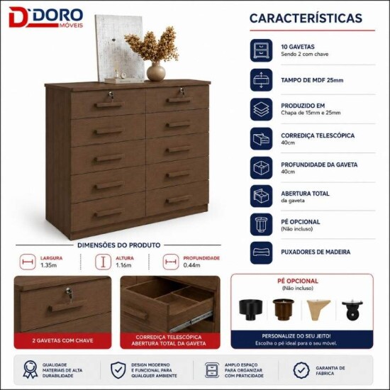 C�moda 1,35m Ryad Castanho 10 Gavetas - D Doro