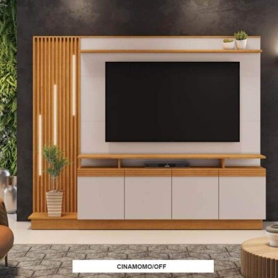 Home Absoluto Larg. 2.00m Cinamomo/Off Ripado C/ Led para TV at� 65