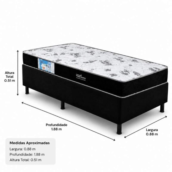 Colch�o Solt. Sant� Alt 14 Espuma D33 + Box Solt. Sued Preto Ortobel - 88x188x51 | Suporta at� 120kg